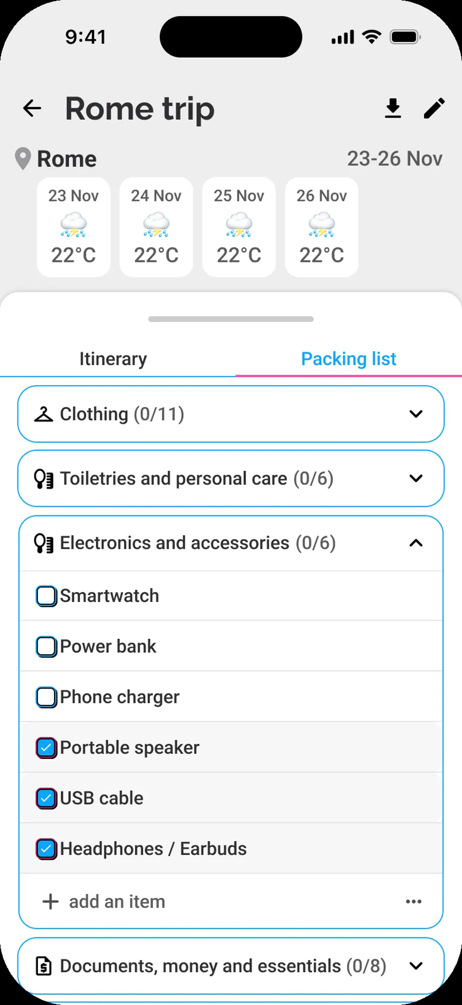 Wanderverse.ai packing list screen